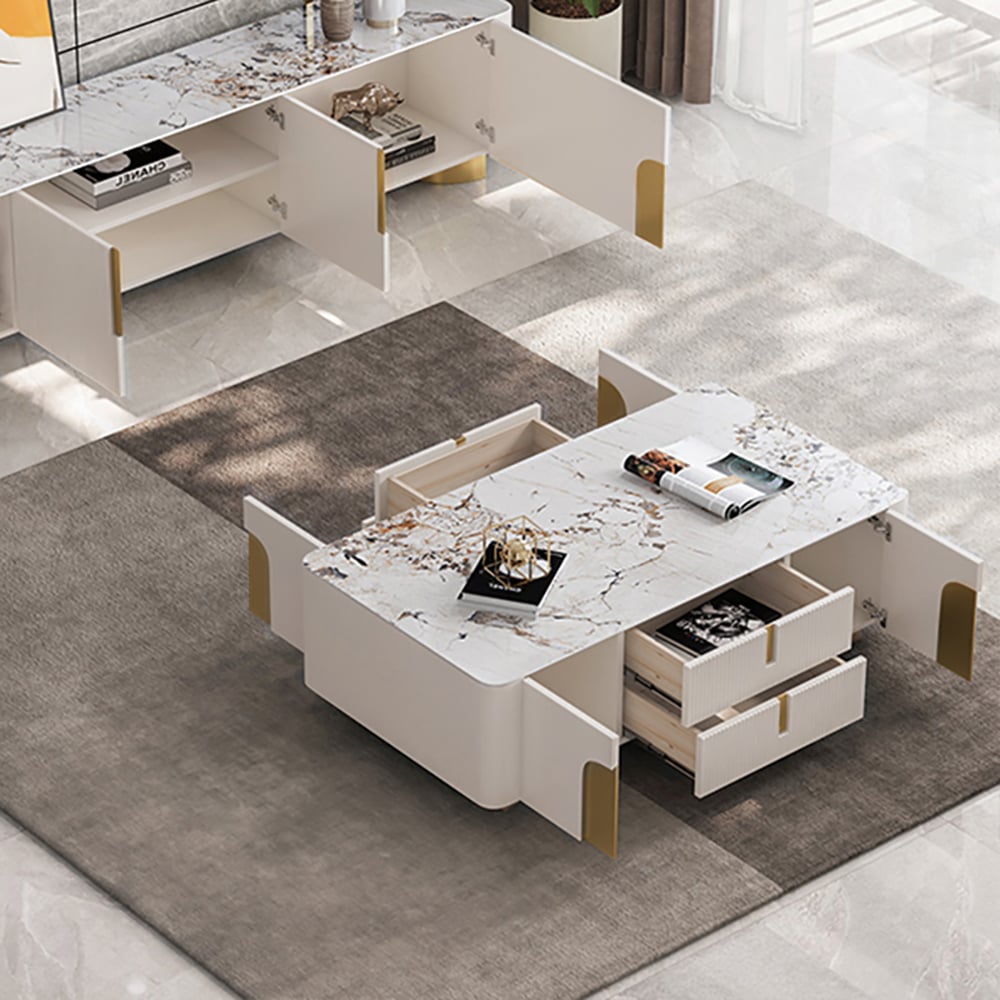 HMR - Artus Modern Beige Rectangle Large Coffee Table Drawers Sintered Stone Gold Base
