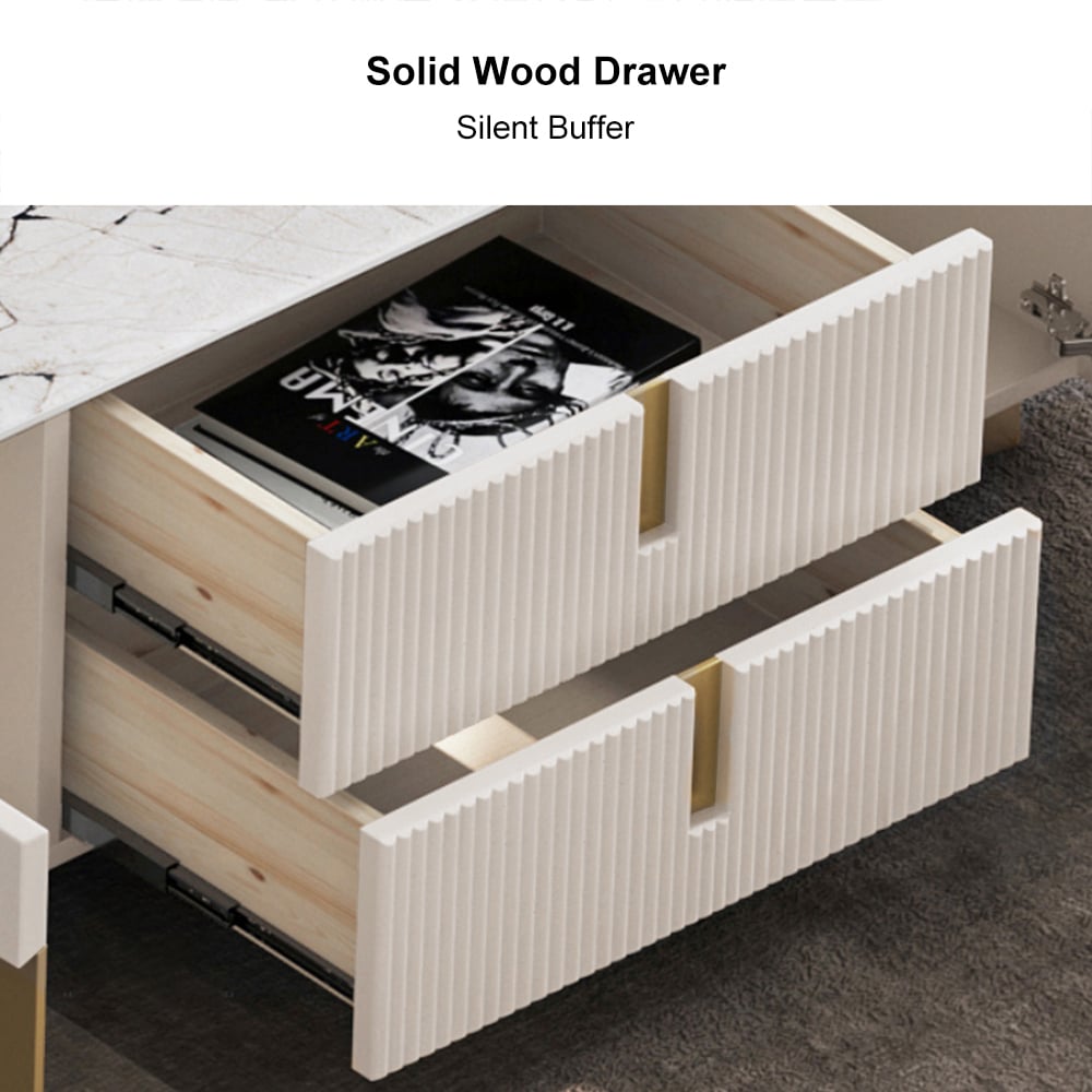 HMR - Artus Modern Beige Rectangle Large Coffee Table Drawers Sintered Stone Gold Base