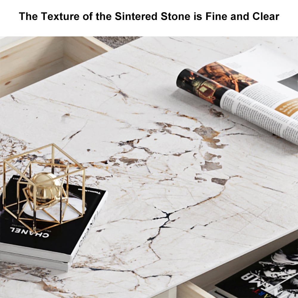 HMR - Artus Modern Beige Rectangle Large Coffee Table Drawers Sintered Stone Gold Base