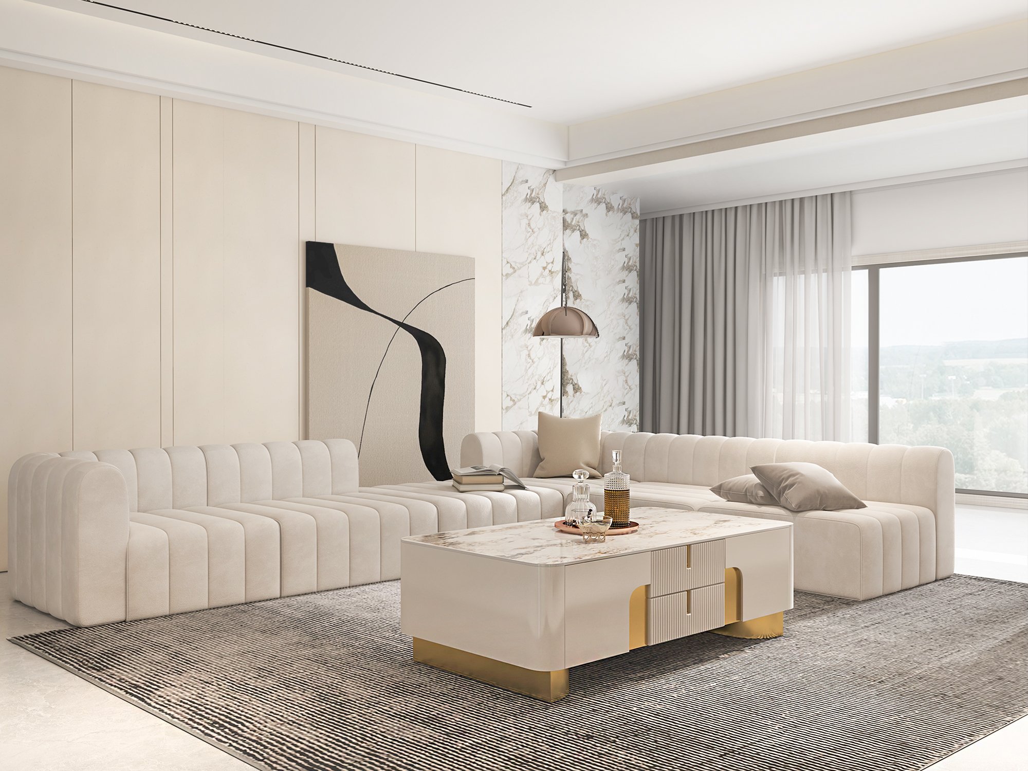 HMR - Artus Modern Beige Rectangle Large Coffee Table Drawers Sintered Stone Gold Base