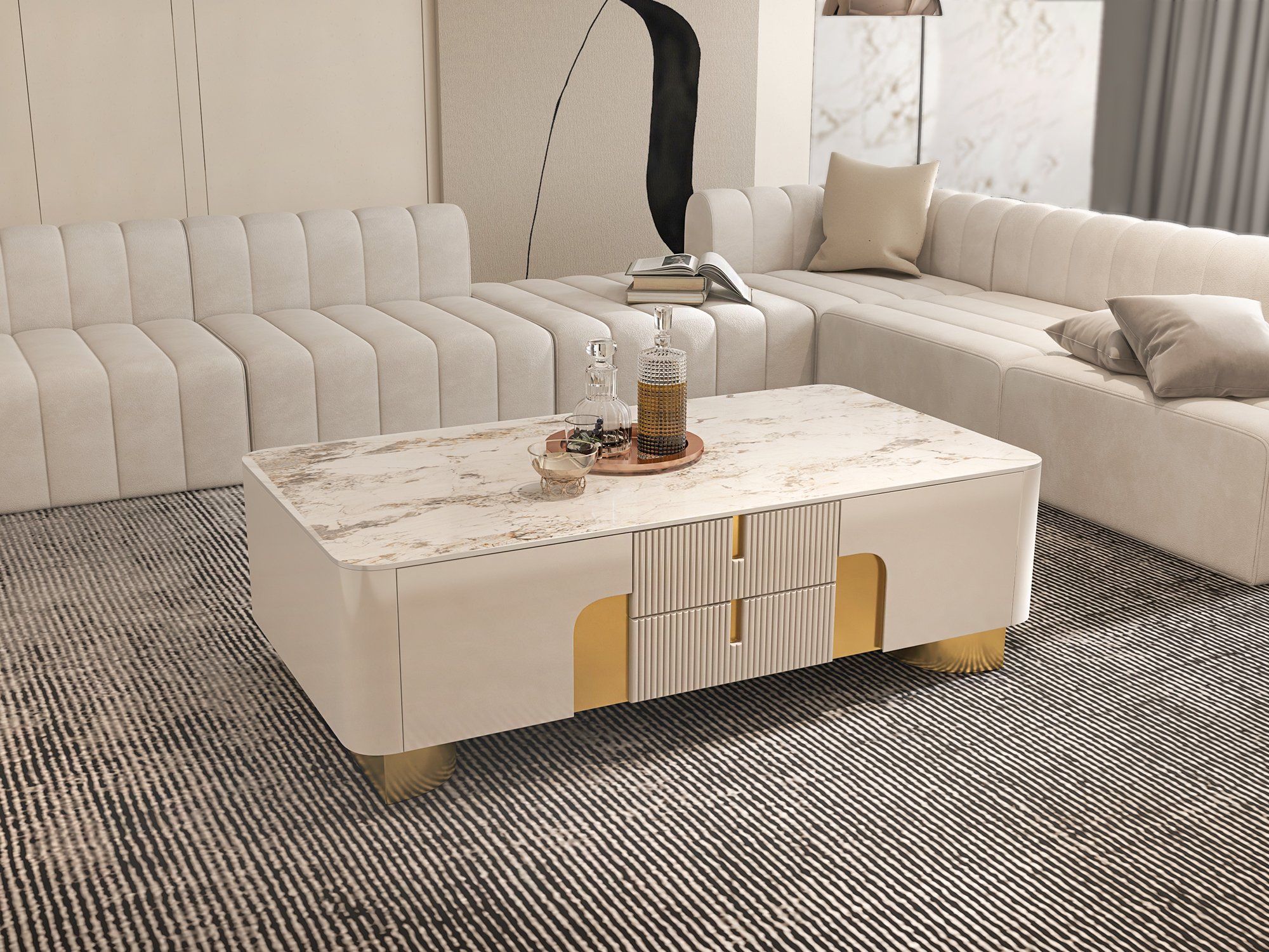 HMR - Artus Modern Beige Rectangle Large Coffee Table Drawers Sintered Stone Gold Base
