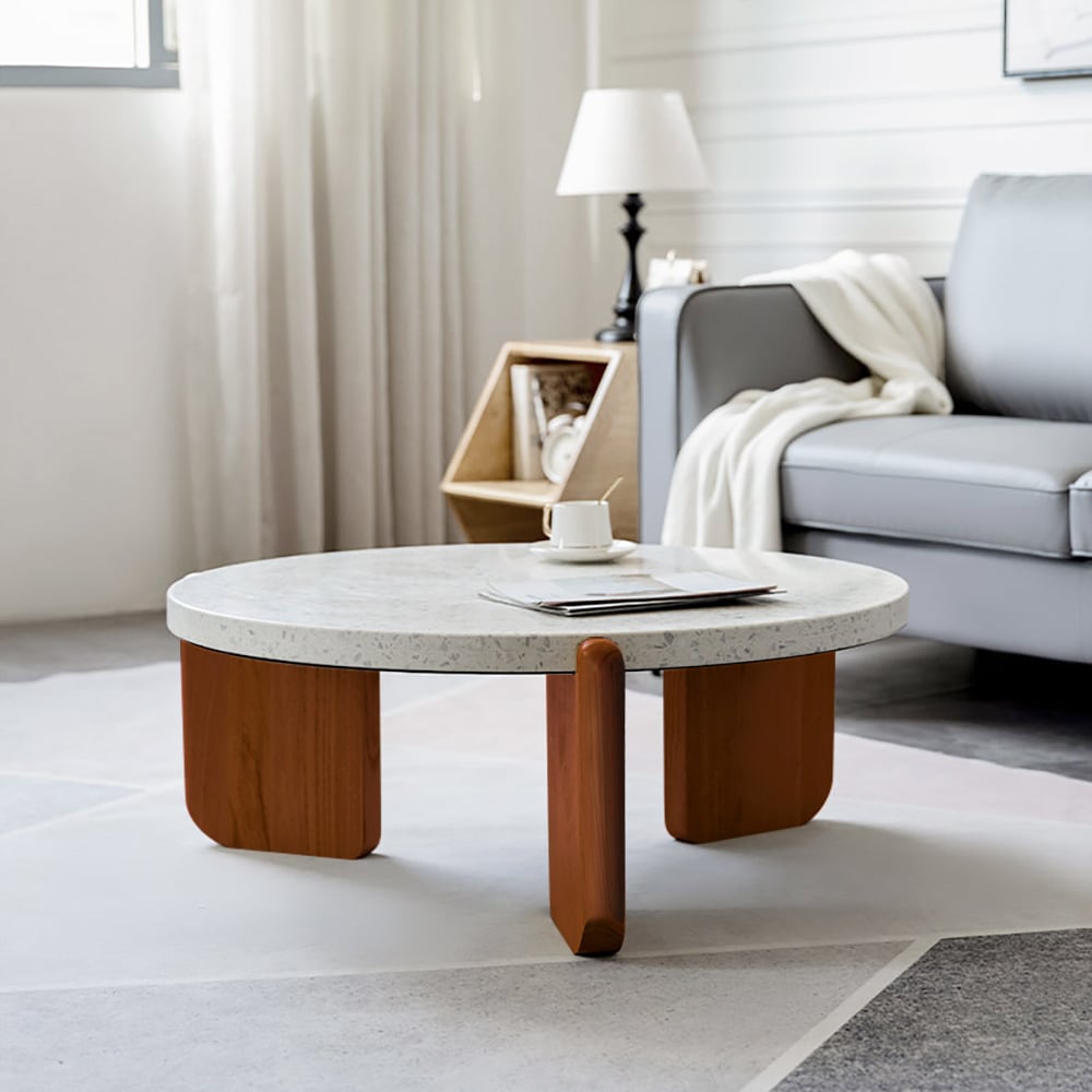 HMR - 34" White Round Terrazzo Coffee Table with Pine Wood Legs in Walnut