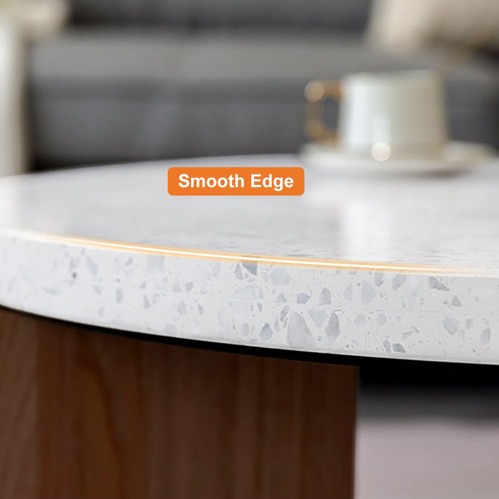 HMR - 34" White Round Terrazzo Coffee Table with Pine Wood Legs in Walnut