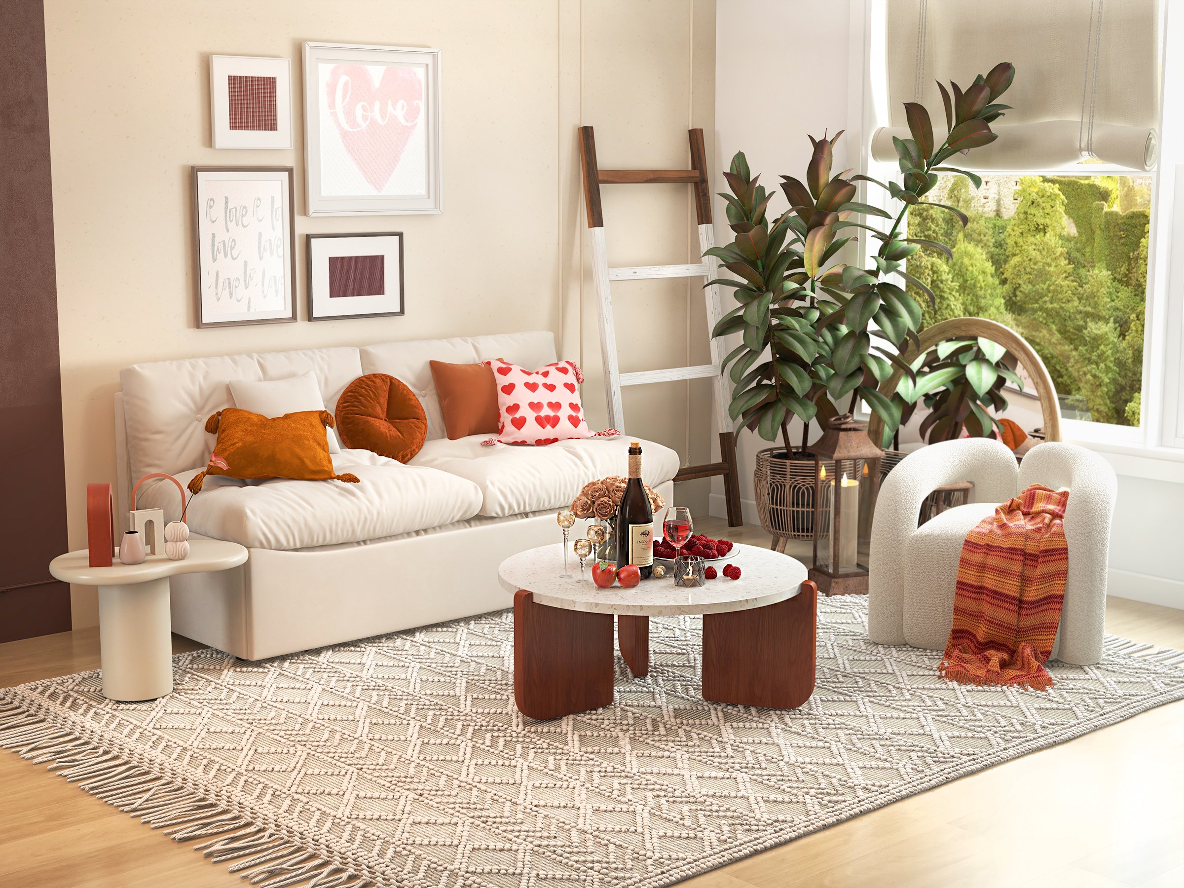 HMR - 34" White Round Terrazzo Coffee Table with Pine Wood Legs in Walnut