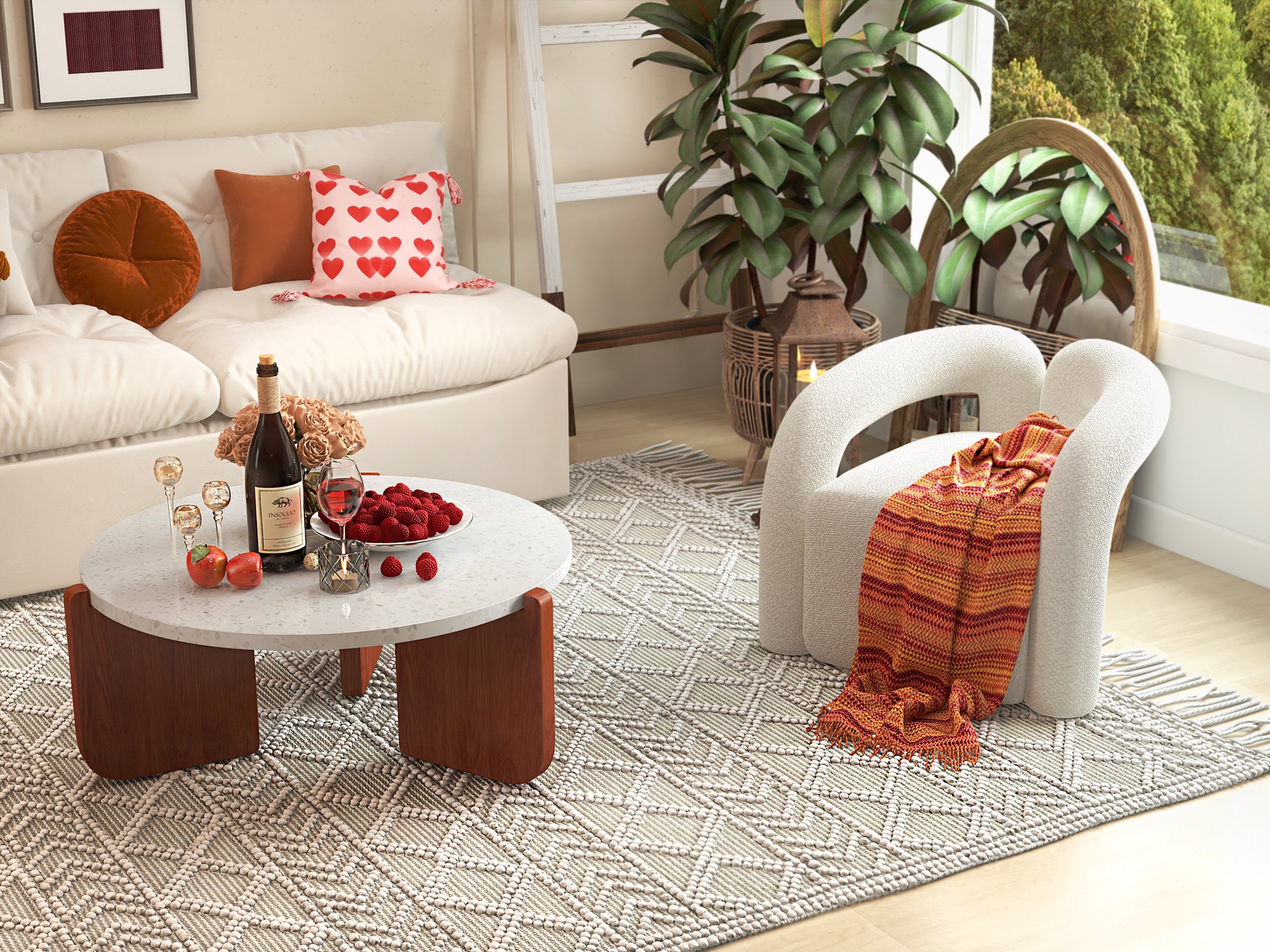HMR - 34" White Round Terrazzo Coffee Table with Pine Wood Legs in Walnut