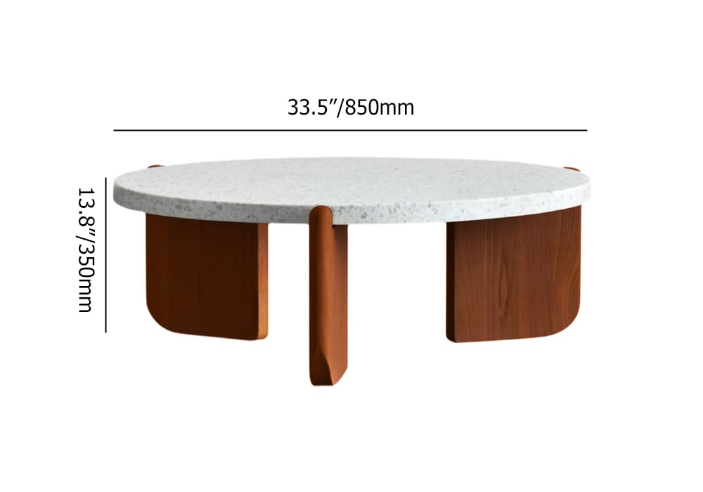 HMR - 34" White Round Terrazzo Coffee Table with Pine Wood Legs in Walnut