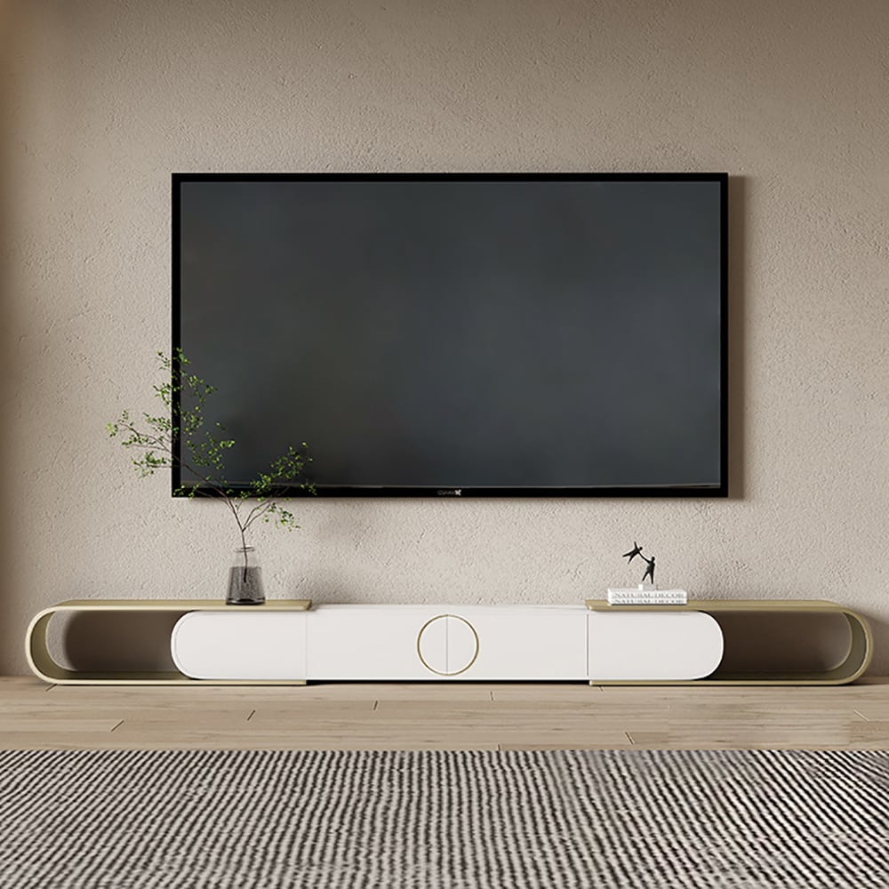 HMR - Modern Extendable Oval Metal TV Stand with 4 Drawers in Gold & White for TV up to 100"