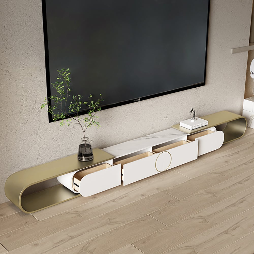 HMR - Modern Extendable Oval Metal TV Stand with 4 Drawers in Gold & White for TV up to 100"