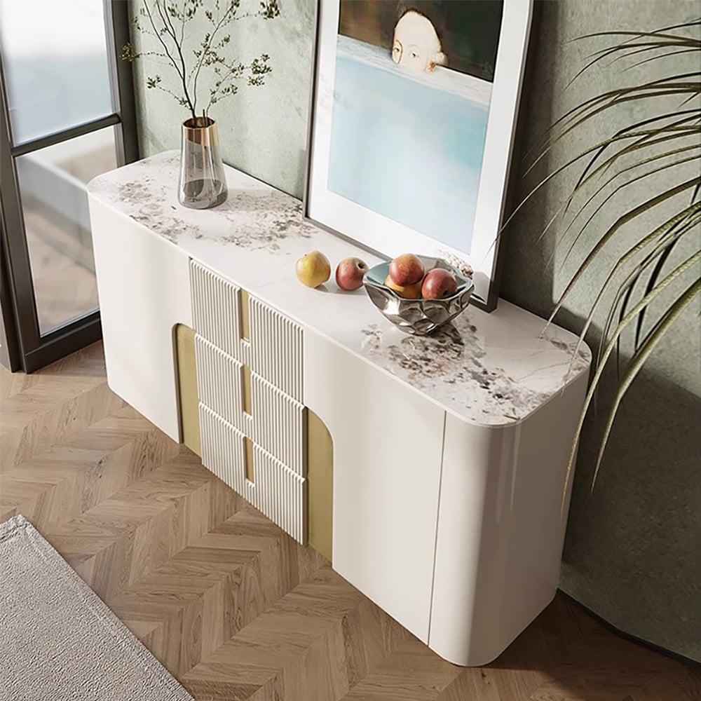 HMR - Artus Modern White 59"W Sintered Stone Sideboard 3 Drawers Kitchen Buffet Table