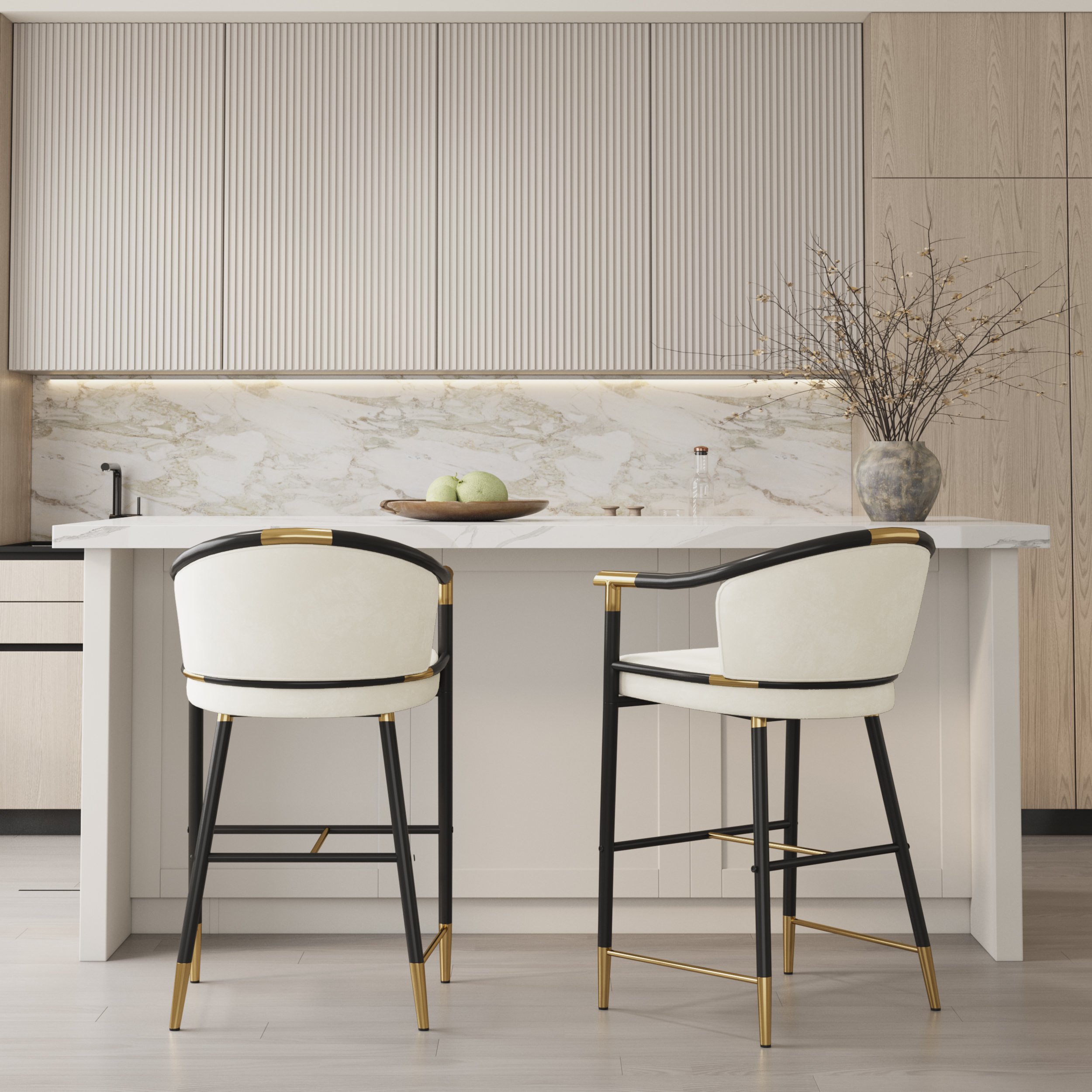 HMR - Craines Series Modern Velvet Upholstered Counter Stools - Beige