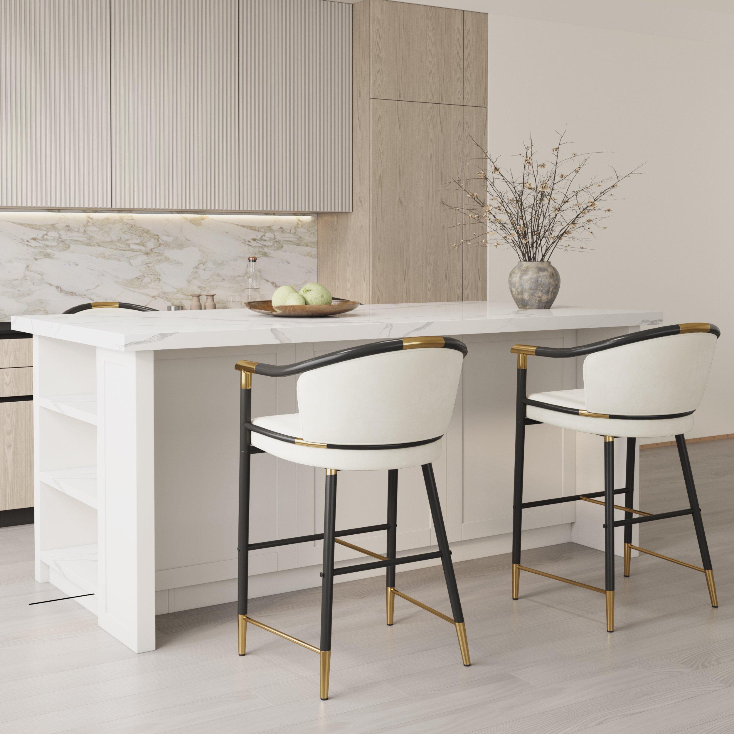 HMR - Craines Series Modern Velvet Upholstered Counter Stools - Beige