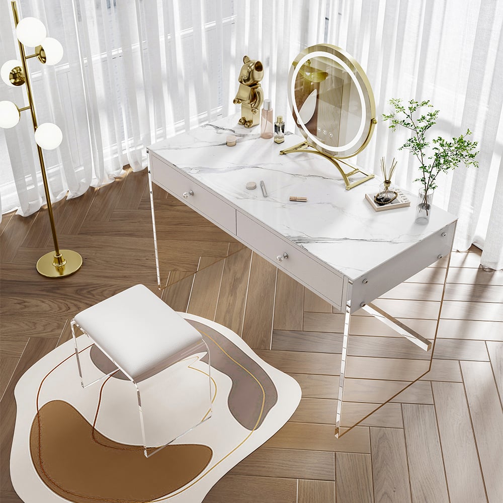 HMR - Modern Acrylic Floating Makeup Vanity Set with LED Lighted Standing Mirror & Stool