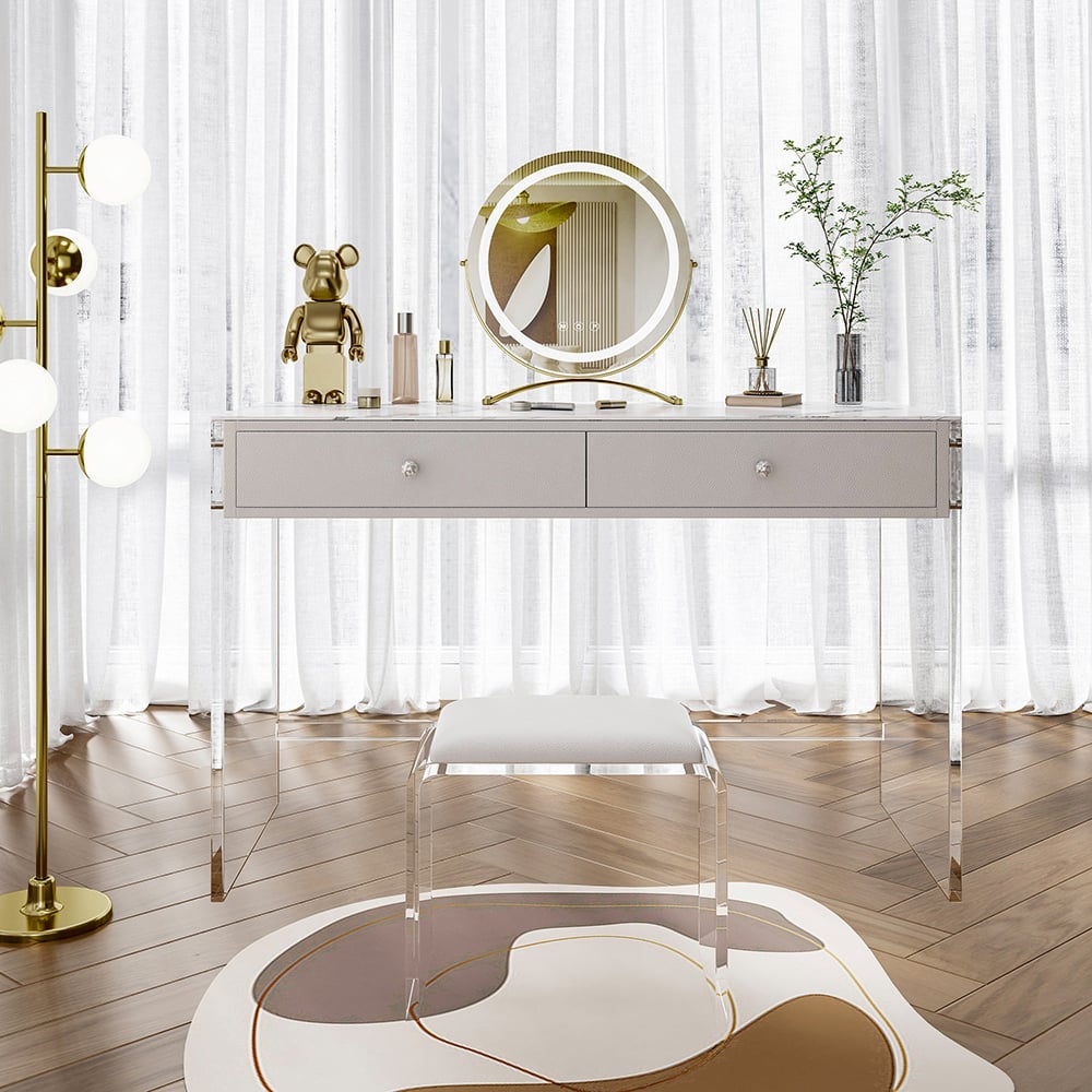 HMR - Modern Acrylic Floating Makeup Vanity Set with LED Lighted Standing Mirror & Stool