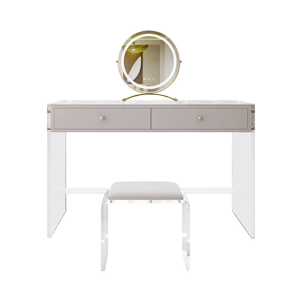 HMR - Modern Acrylic Floating Makeup Vanity Set with LED Lighted Standing Mirror & Stool