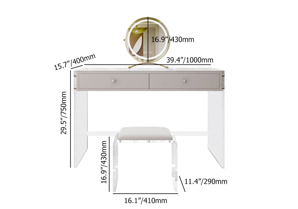 HMR - Modern Acrylic Floating Makeup Vanity Set with LED Lighted Standing Mirror & Stool