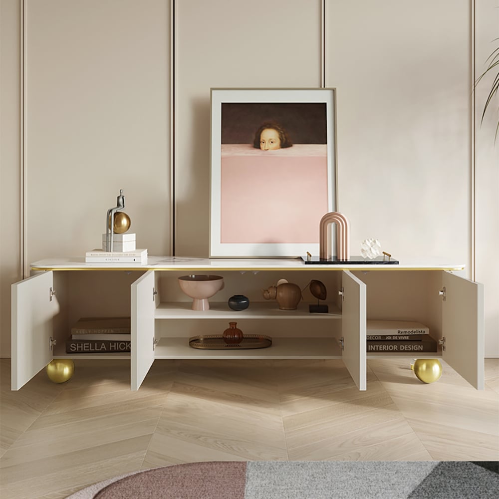 HMR - Modern Off White TV Stand Wood 4 Doors with 2 Shelves Media Console for TVs up to 85"