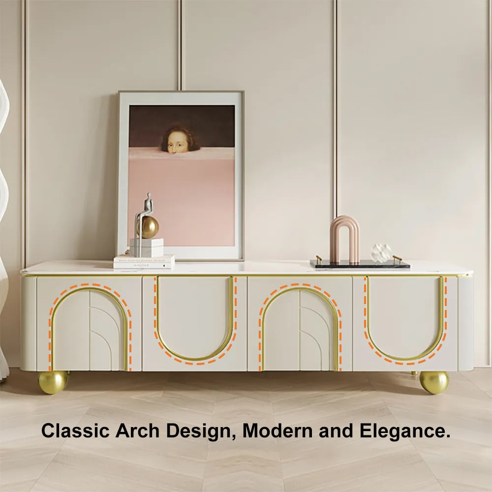 HMR - Modern Off White TV Stand Wood 4 Doors with 2 Shelves Media Console for TVs up to 85"
