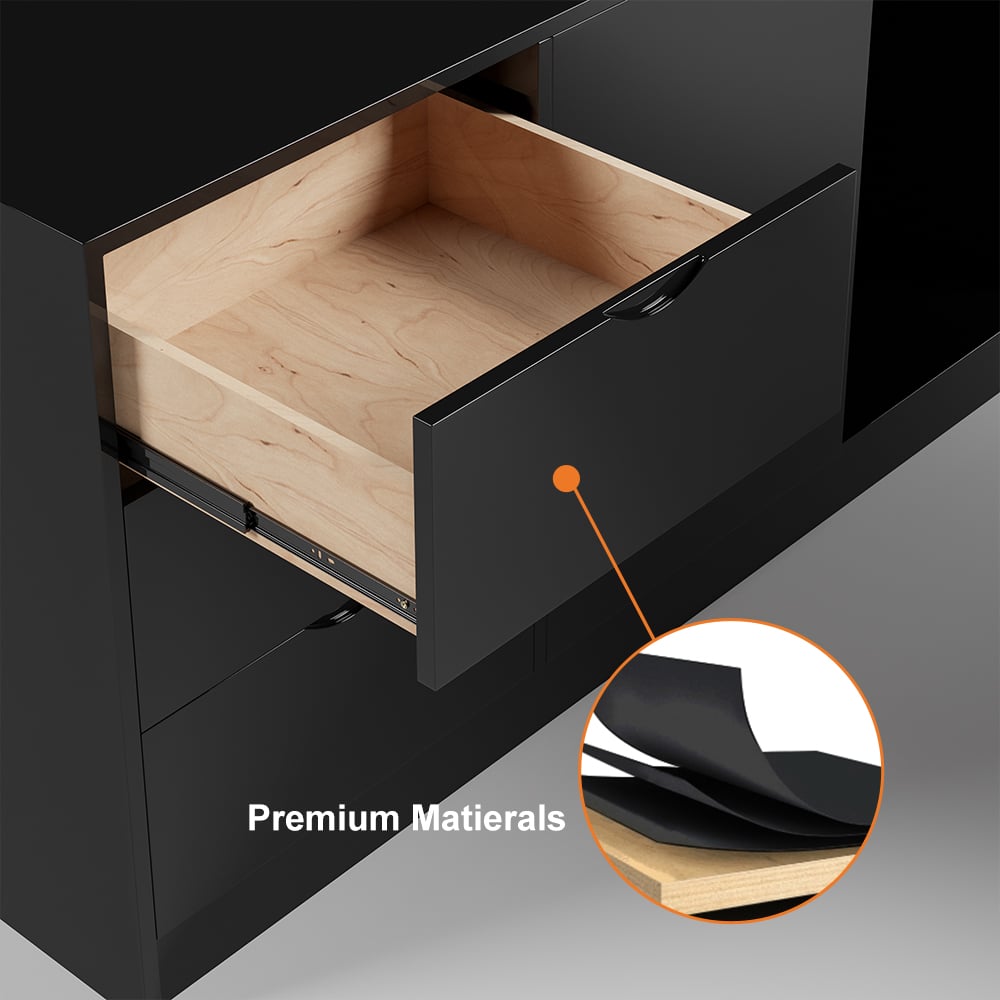 HMR Modern Large L-Shape Executive Desk with Drawers & Cabinet - Black, Left Hand, 70.9"