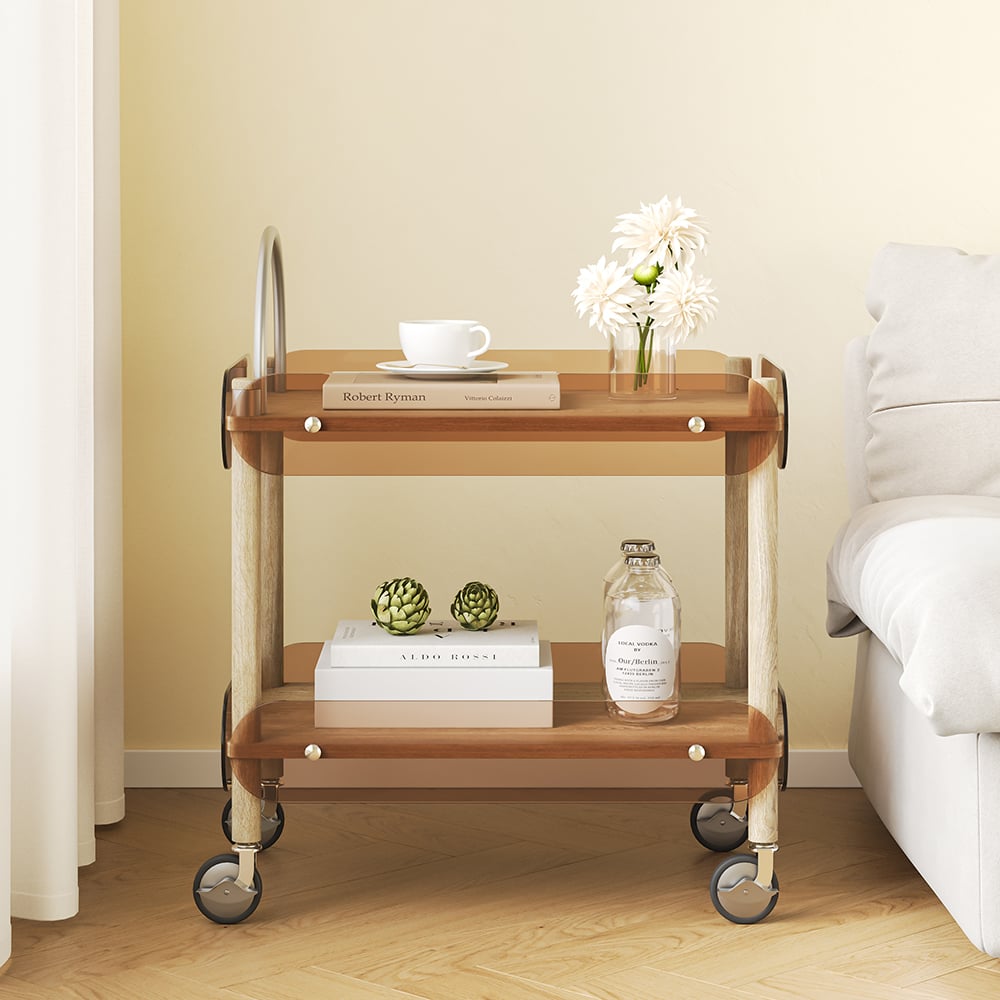 HMR - Wooden Natural Rolling 2-Tier Bar Cart on Wheel with Stainless Steel Handle Glass