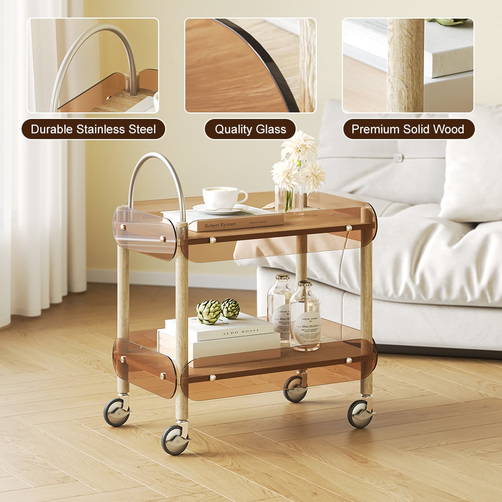 HMR - Wooden Natural Rolling 2-Tier Bar Cart on Wheel with Stainless Steel Handle Glass