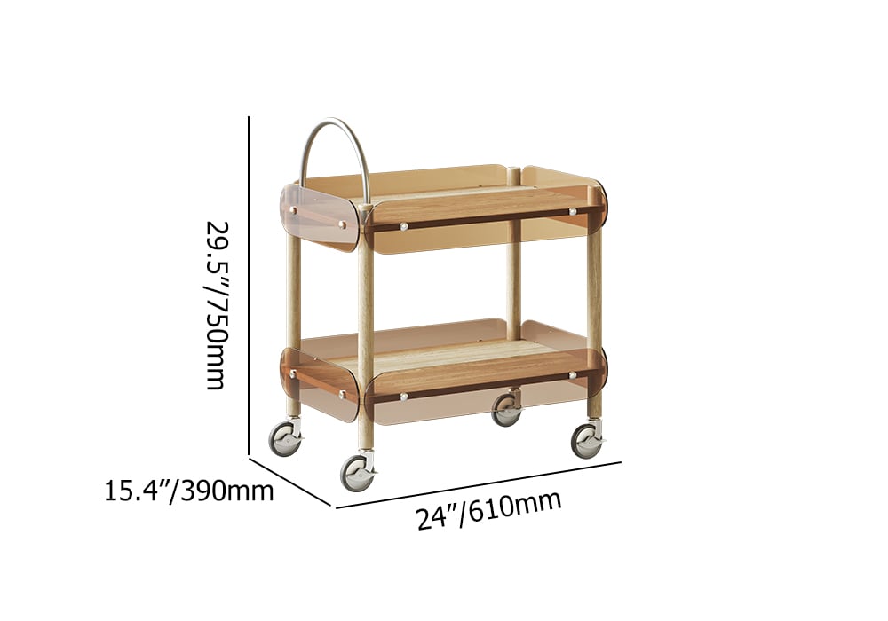 HMR - Wooden Natural Rolling 2-Tier Bar Cart on Wheel with Stainless Steel Handle Glass