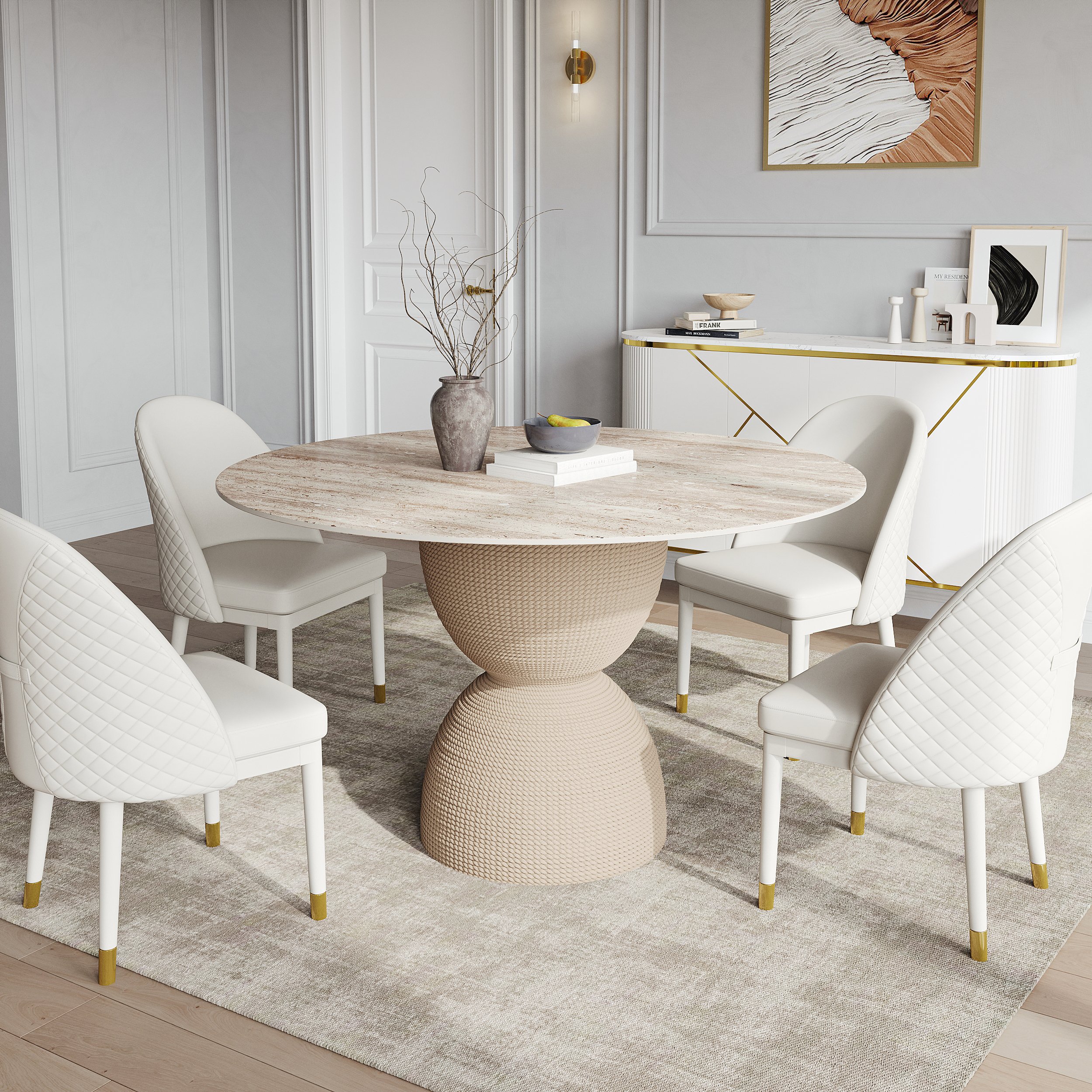 HMR - 47.2" Modern Style Round Sintered Stone Dining Table Seats 4-6 People