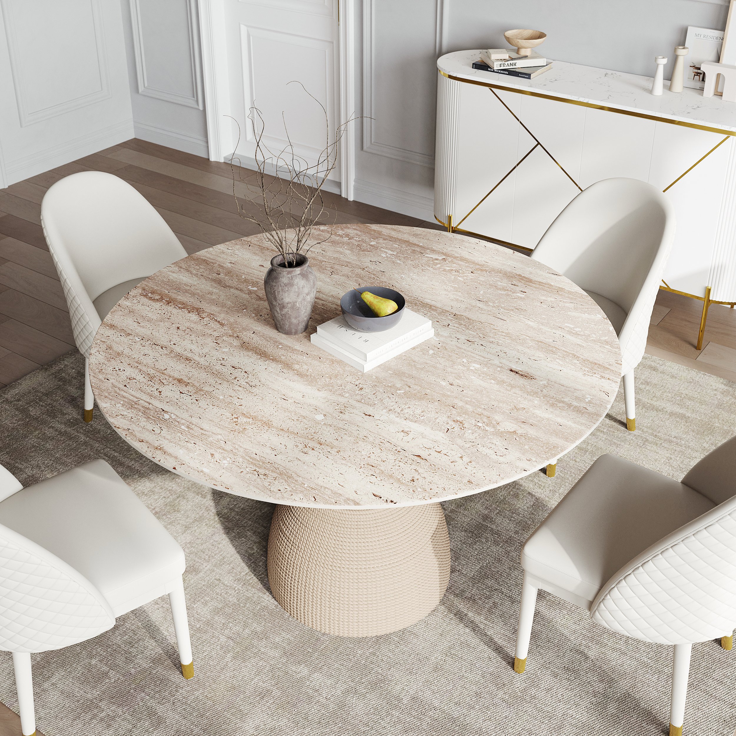 HMR - 47.2" Modern Style Round Sintered Stone Dining Table Seats 4-6 People