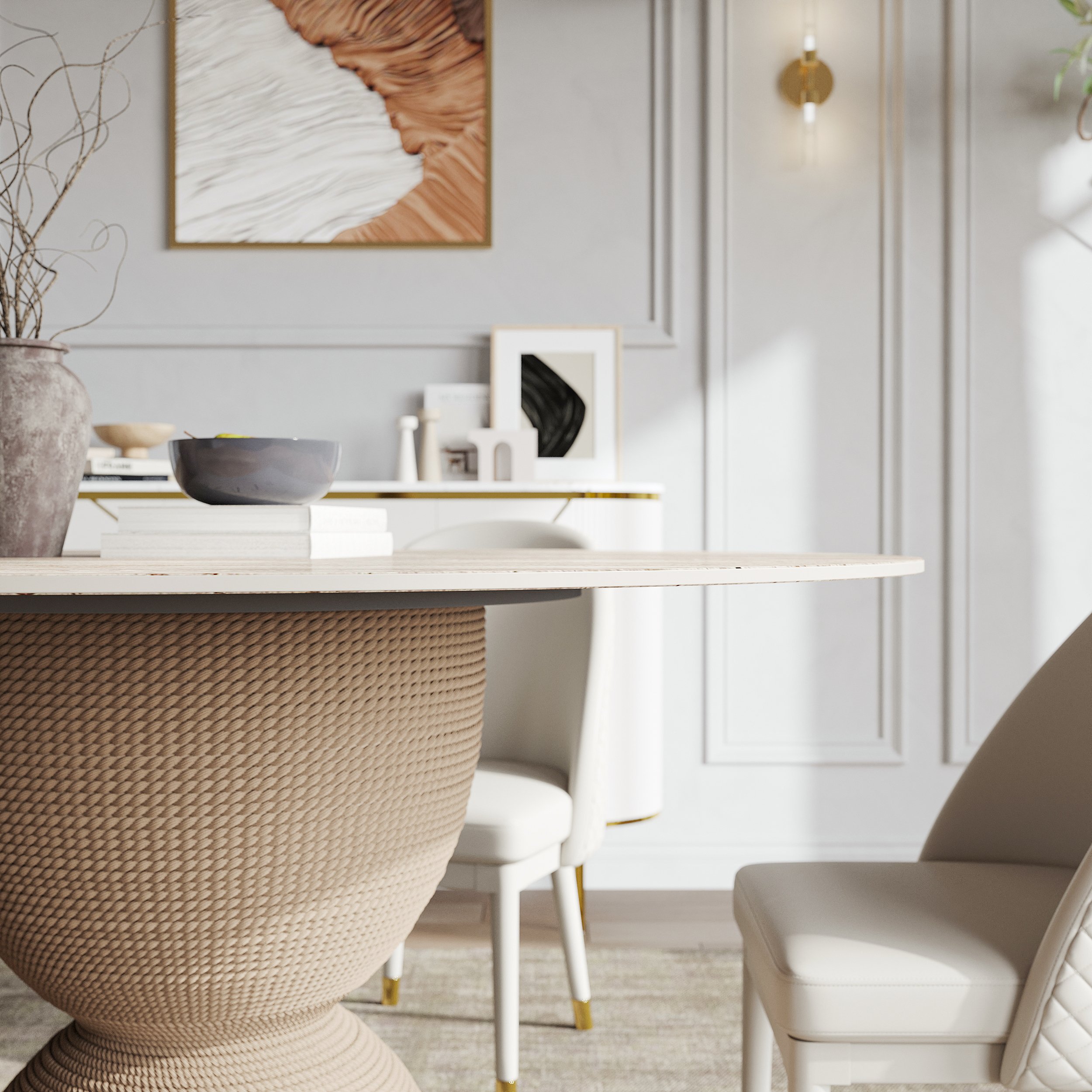 HMR - 47.2" Modern Style Round Sintered Stone Dining Table Seats 4-6 People