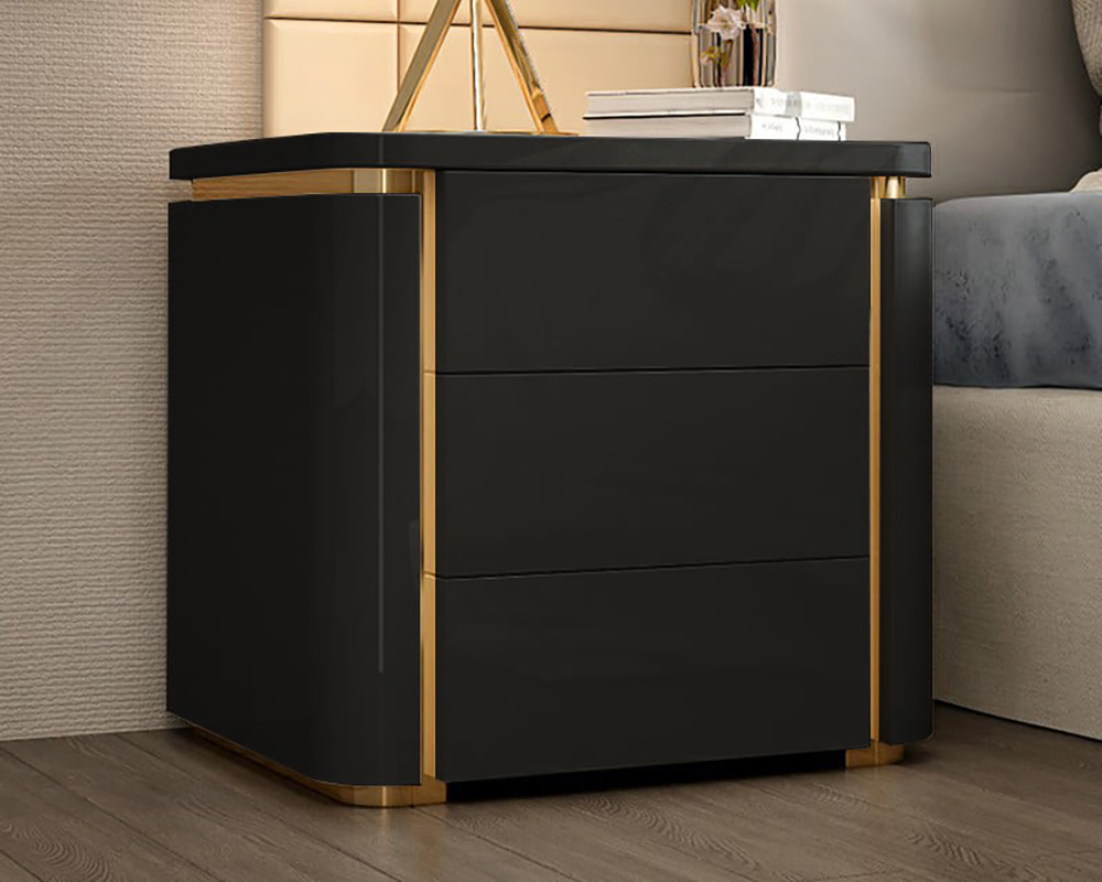 HMR Modern Luxury Square Nightstand with 3 Drawers - Black/Gold