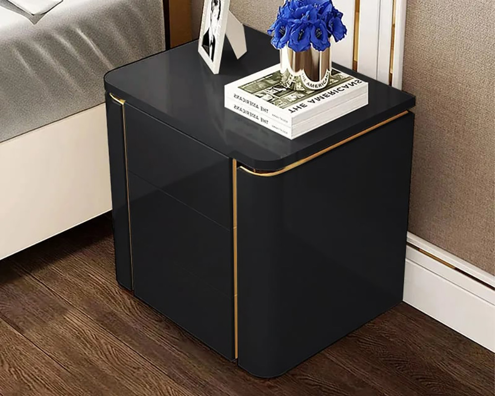 HMR Modern Luxury Square Nightstand with 3 Drawers - Black/Gold