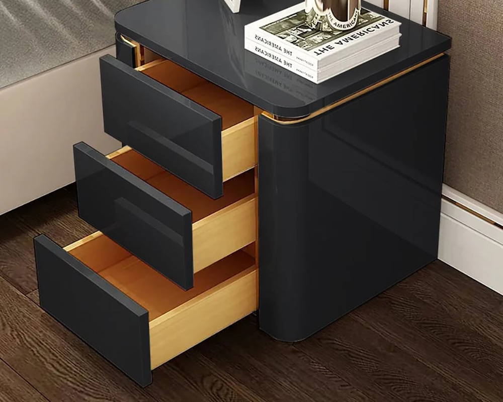 HMR Modern Luxury Square Nightstand with 3 Drawers - Black/Gold