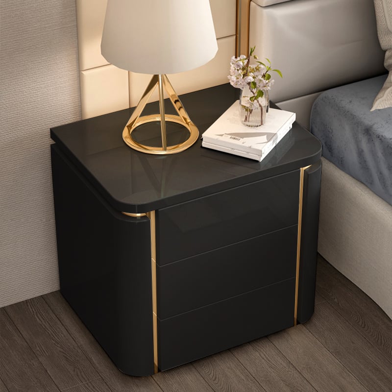 HMR Modern Luxury Square Nightstand with 3 Drawers - Black/Gold