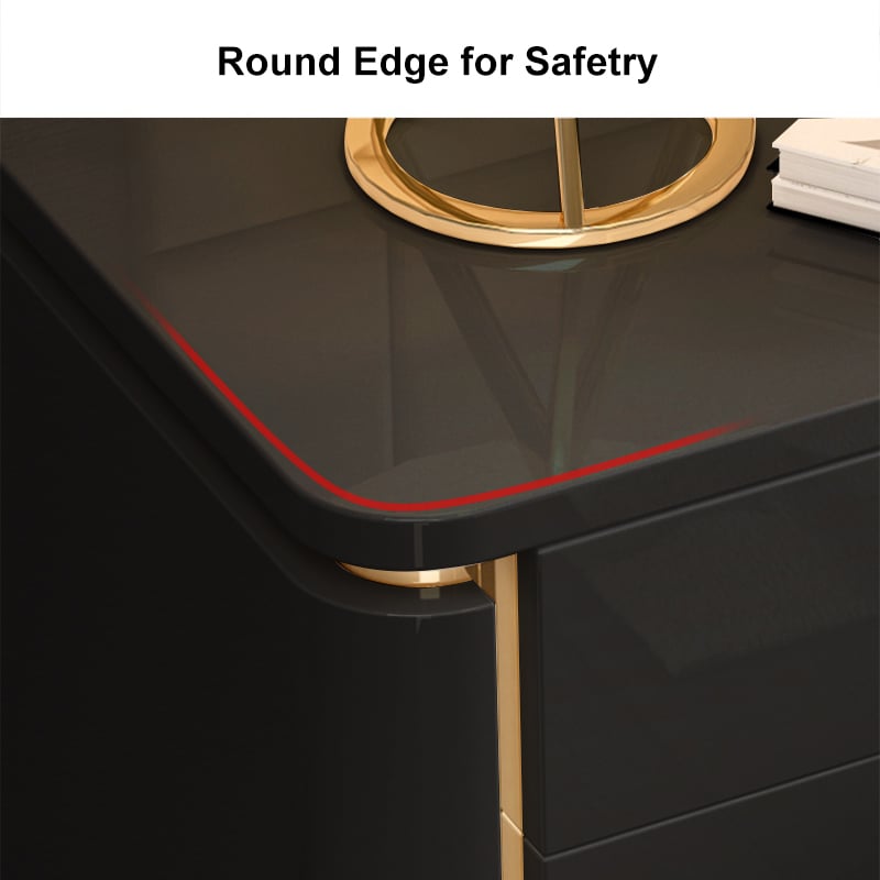 HMR Modern Luxury Square Nightstand with 3 Drawers - Black/Gold