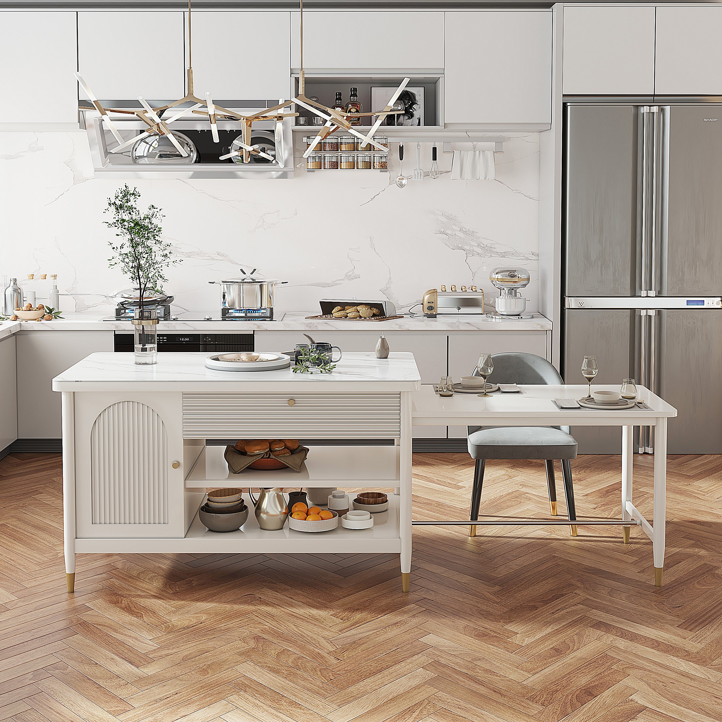 HMR - Modern 60" Extendable White Kitchen Island with Storage Faux Marble Kitchen Cabinet