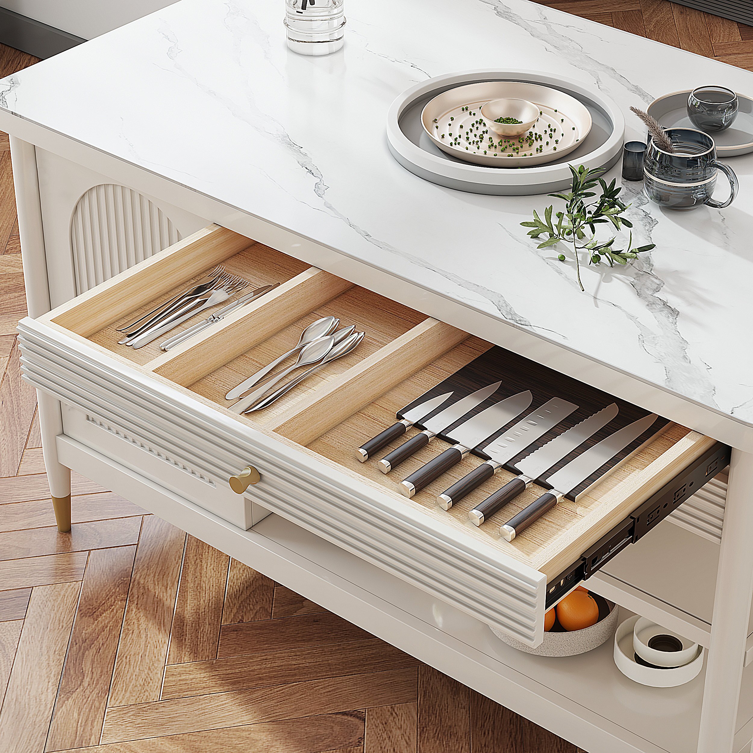 HMR - Modern 60" Extendable White Kitchen Island with Storage Faux Marble Kitchen Cabinet