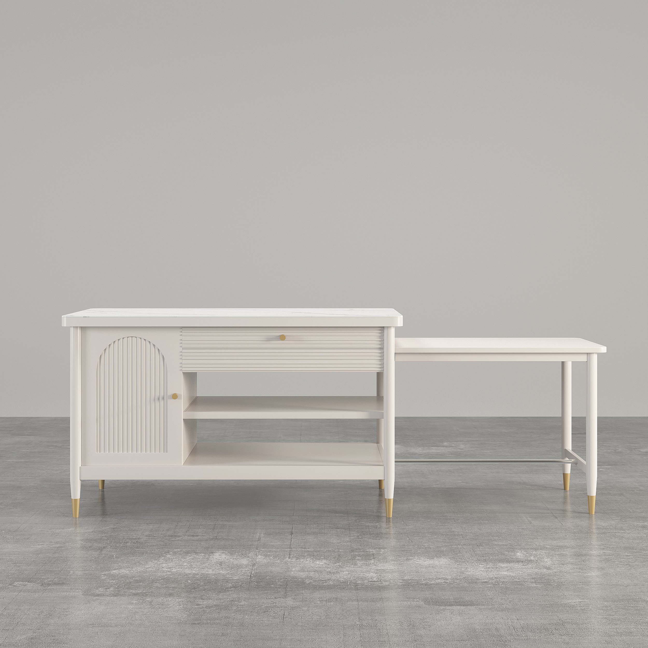 HMR - Modern 60" Extendable White Kitchen Island with Storage Faux Marble Kitchen Cabinet