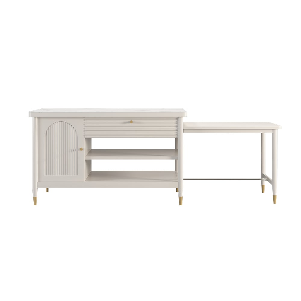 HMR - Modern 60" Extendable White Kitchen Island with Storage Faux Marble Kitchen Cabinet