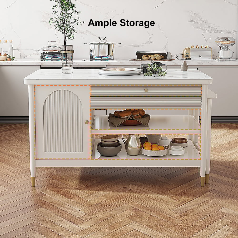 HMR - Modern 60" Extendable White Kitchen Island with Storage Faux Marble Kitchen Cabinet