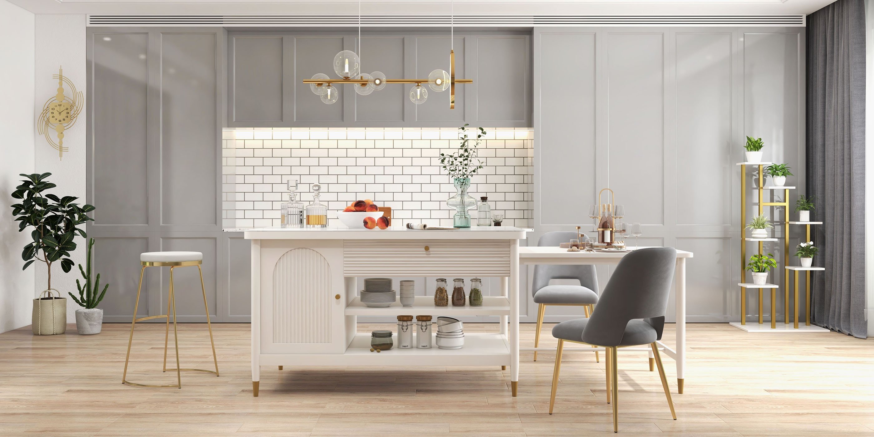 HMR - Modern 60" Extendable White Kitchen Island with Storage Faux Marble Kitchen Cabinet