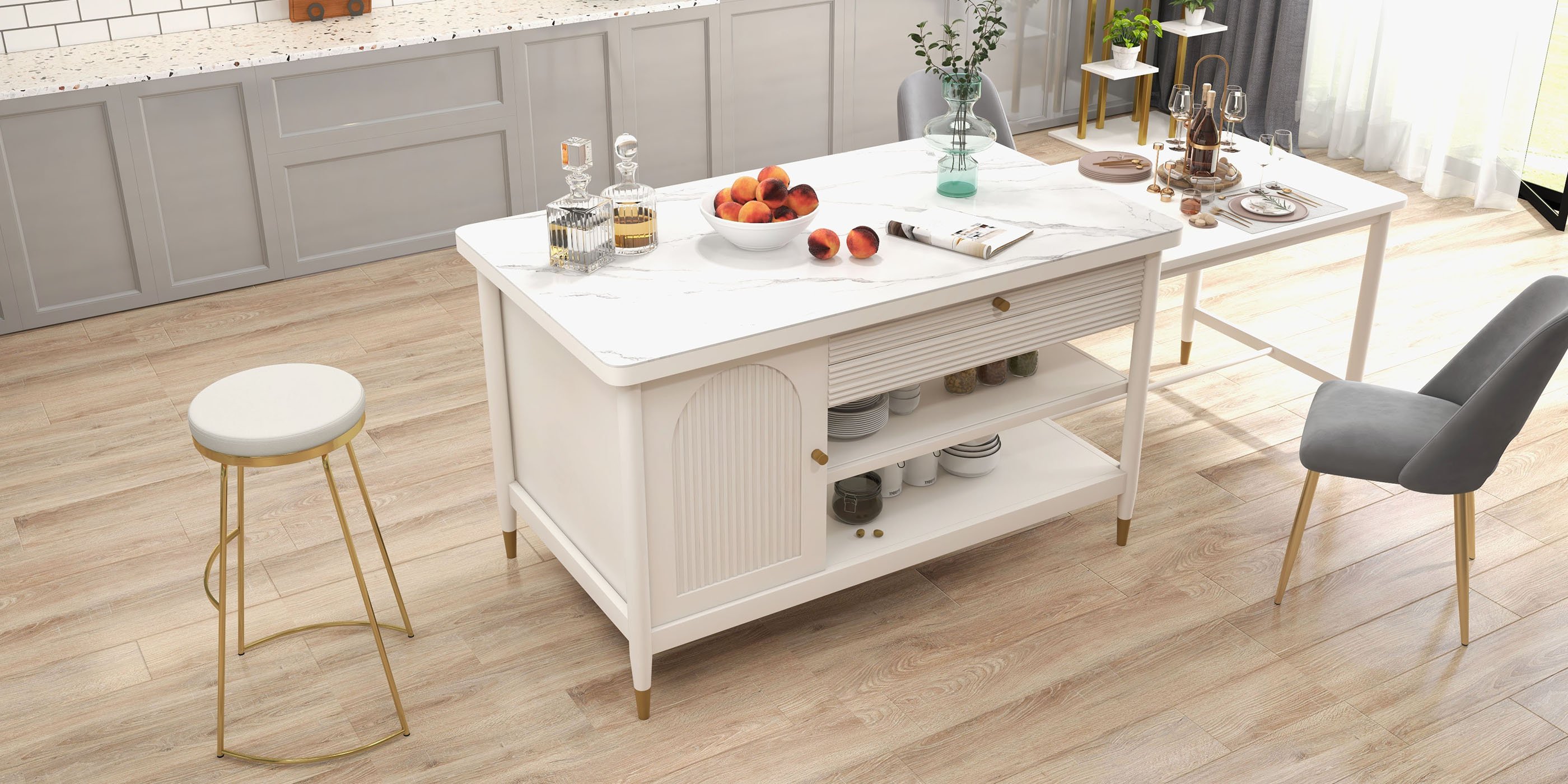 HMR - Modern 60" Extendable White Kitchen Island with Storage Faux Marble Kitchen Cabinet