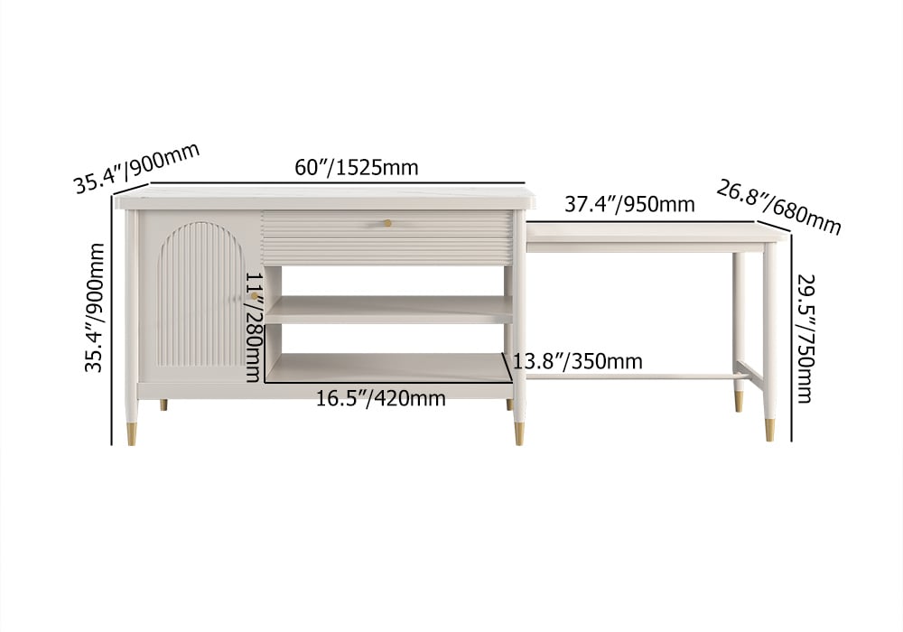 HMR - Modern 60" Extendable White Kitchen Island with Storage Faux Marble Kitchen Cabinet
