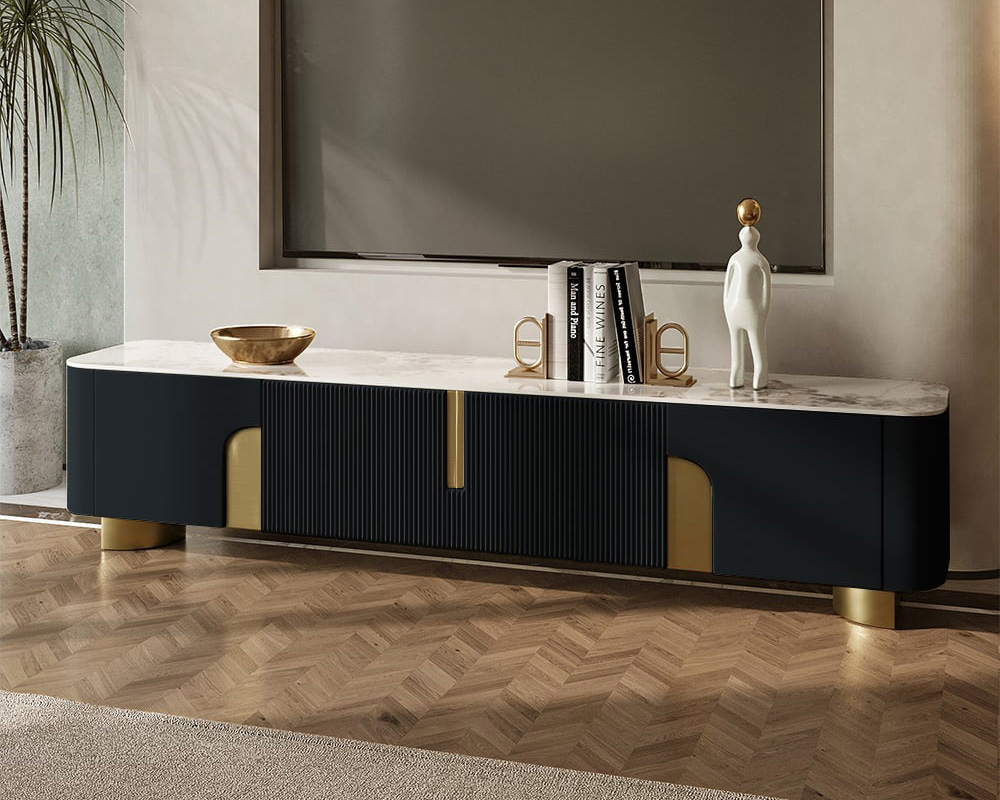 HMR - Artus Modern TV Stand Stone Top 4 Doors with Storage Media Console