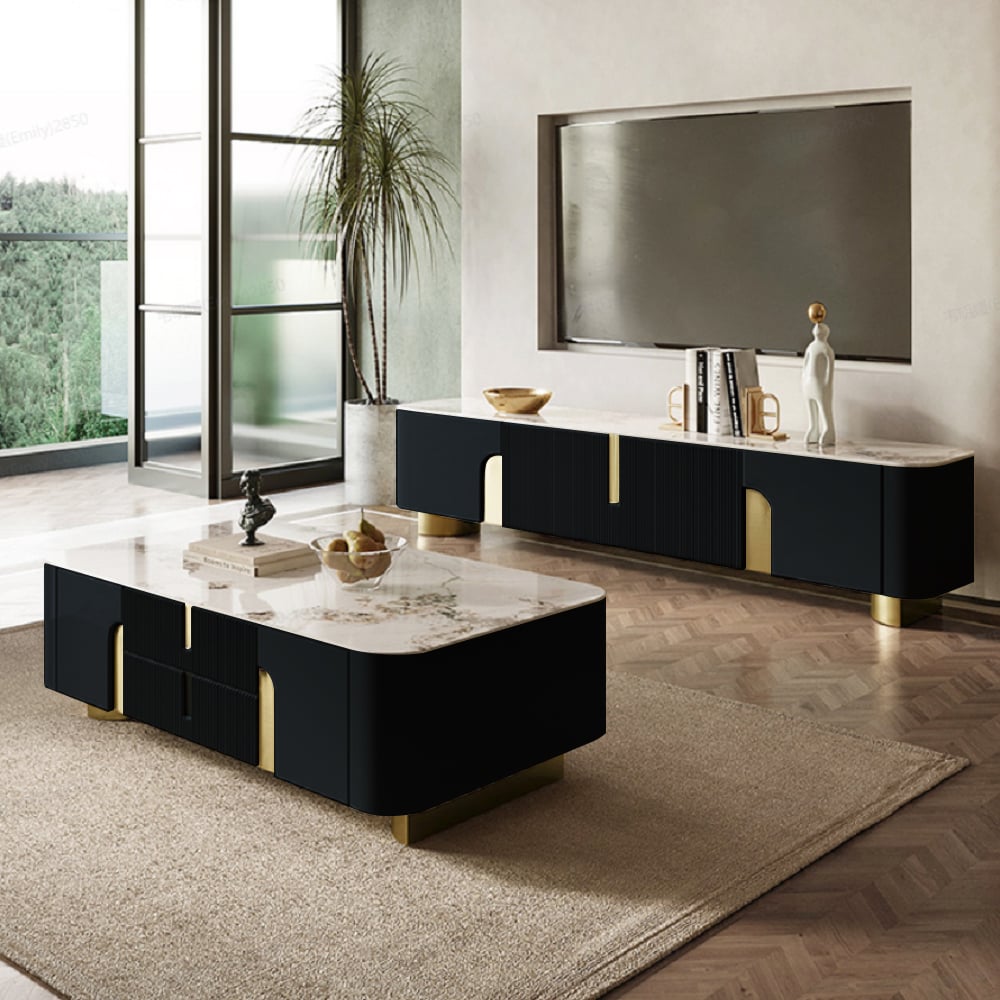 HMR Artus Modern TV Stand Stone Top 4 Doors with Storage Media Console - Black, 78.7"W x 15.7"D x 20.5"H