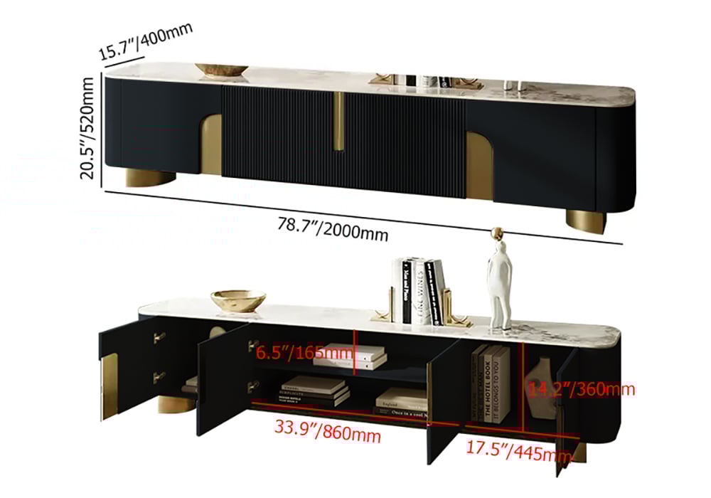 HMR Artus Modern TV Stand Stone Top 4 Doors with Storage Media Console - Black, 78.7"W x 15.7"D x 20.5"H