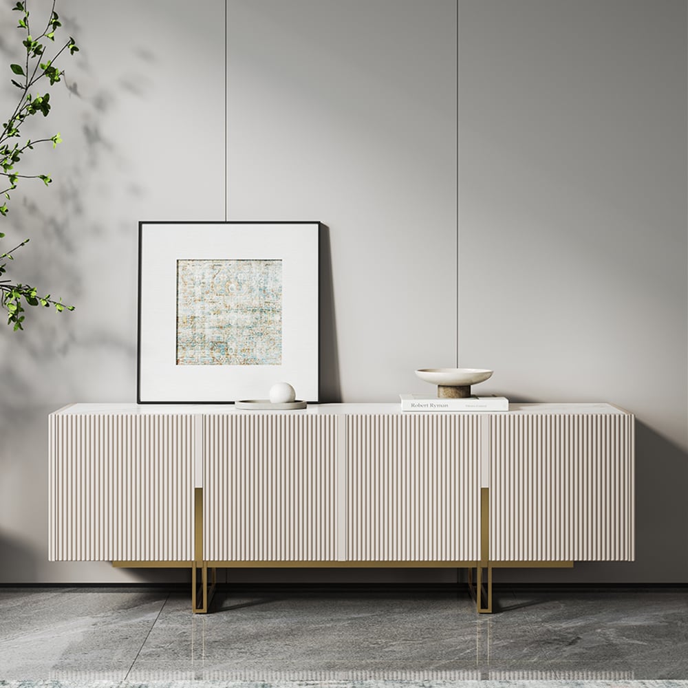 HMR Grovyn Sintered Stone Top Fluted TV Stand with Storage - Off White, 59.1"W x 15.7"D x 23.6"H, Without Fireplace