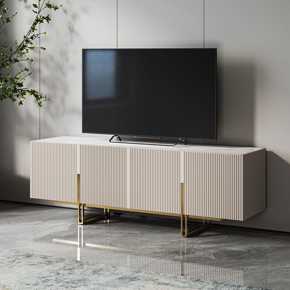 HMR Grovyn Sintered Stone Top Fluted TV Stand with Storage - Off White, 59.1"W x 15.7"D x 23.6"H, Without Fireplace