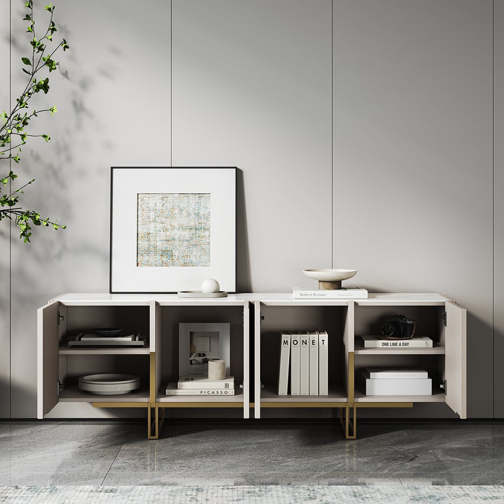 HMR Grovyn Sintered Stone Top Fluted TV Stand with Storage - Off White, 59.1"W x 15.7"D x 23.6"H, Without Fireplace