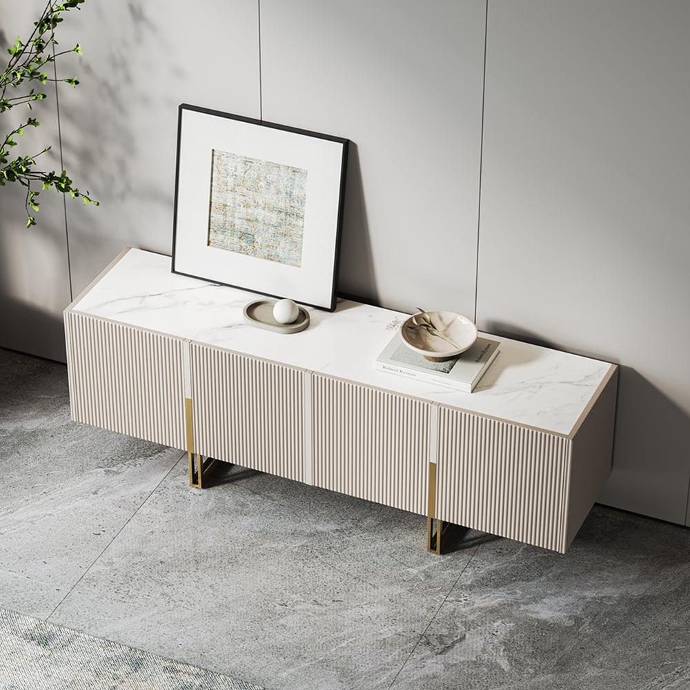 HMR Grovyn Sintered Stone Top Fluted TV Stand with Storage - Off White, 59.1"W x 15.7"D x 23.6"H, Without Fireplace