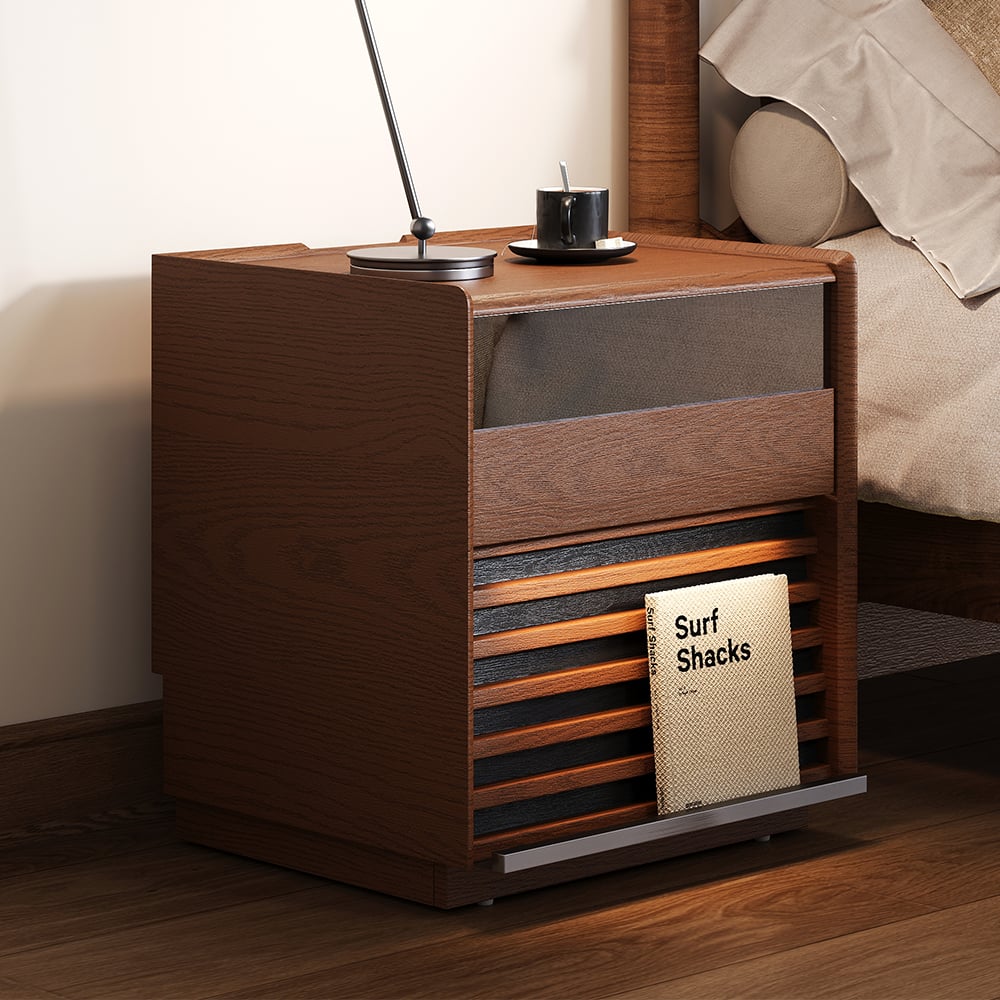 HMR Modern Walnut Nightstand with Light Wood Bedside Table with 2 Drawers - Walnut, Single