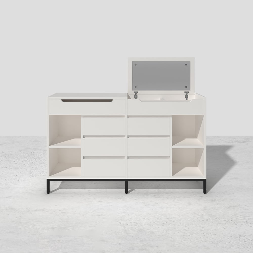 HMR - 8 Drawer 59" Modern White Double Dresser Wide Cabinet with Flip-Top Mirror & Shelves